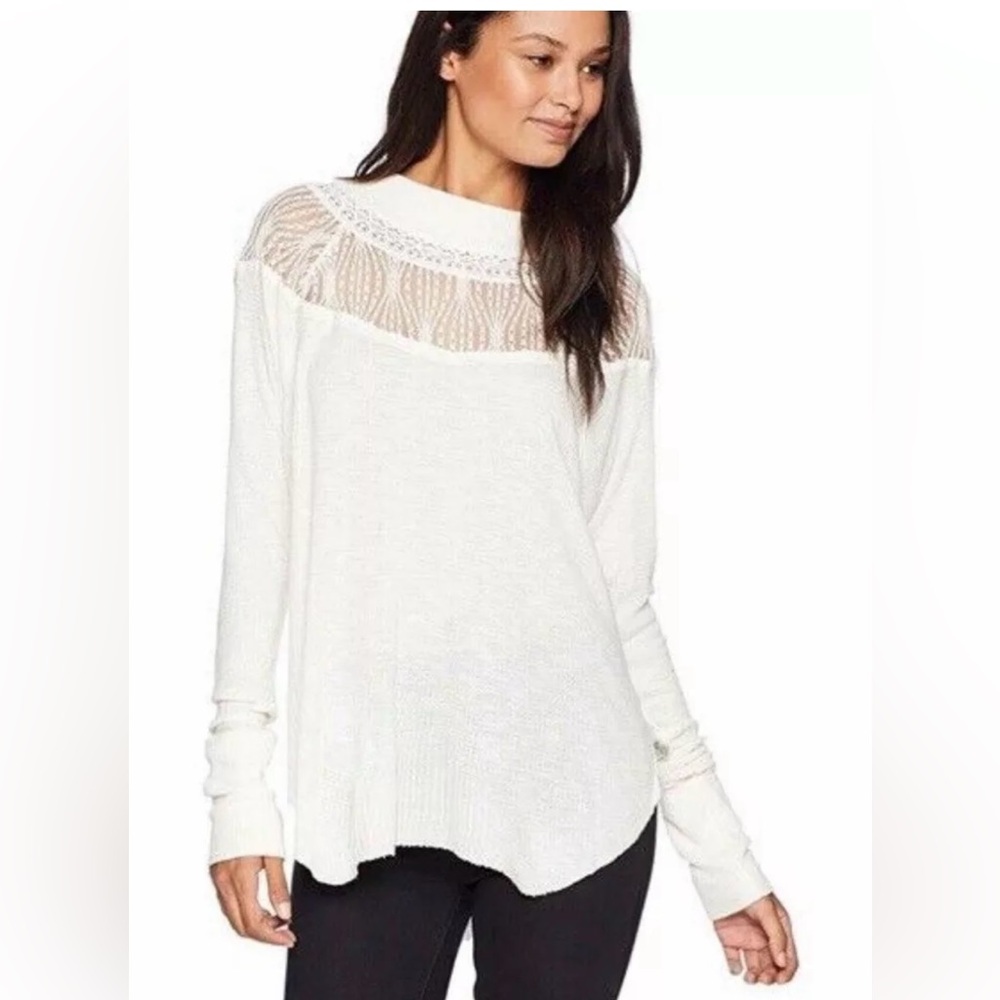 Free People Spring Valley Waffle Knit Lace Neck Top